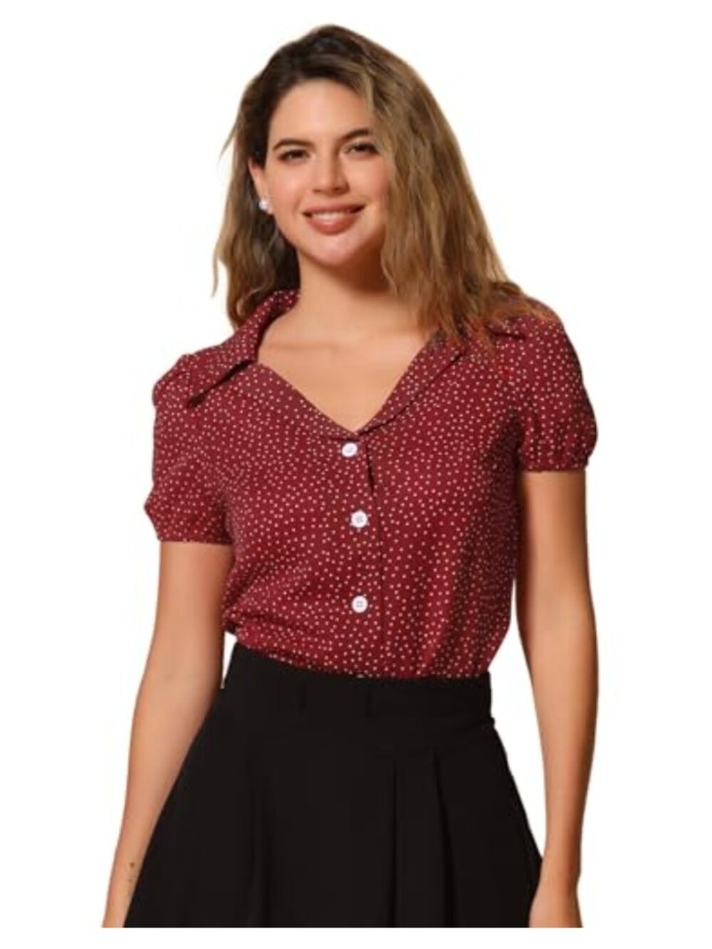 Vintage Polka Dot Bubble Sleeve Blouse, 1950s Retro Button Up Top, 100%
